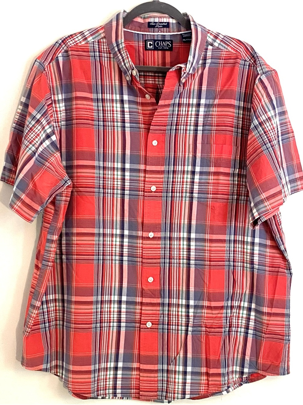 Chaps Men's Red White Dusty Blue  Plaid Short-Sleeve Button-Down Shirt